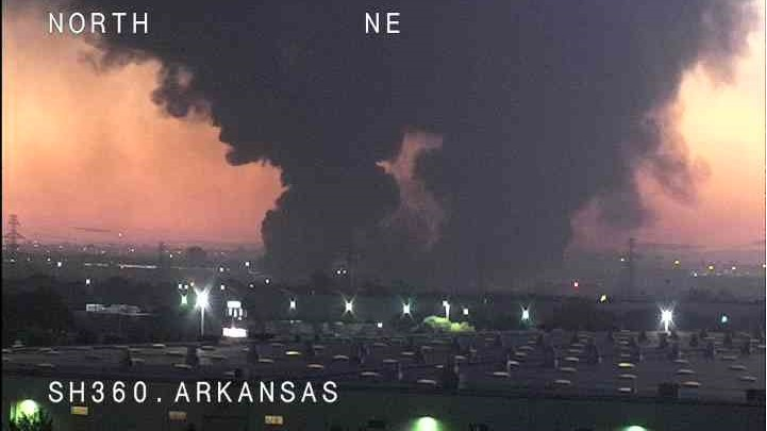 A fire burns at the Poly-America factory in Grand Prairie, Texas, in this image from August 19, 2020. (Courtesty: Texas Department of Transportation) 