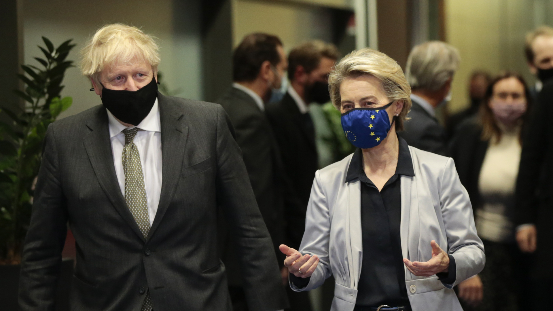 European Commission President Ursula von der Leyen, right, speaks with British Prime Minister Boris Johnson prior to a meeting at EU headquarters in Brussels, Wednesday, Dec. 9, 2020. (Olivier Hoslet, Pool via AP)