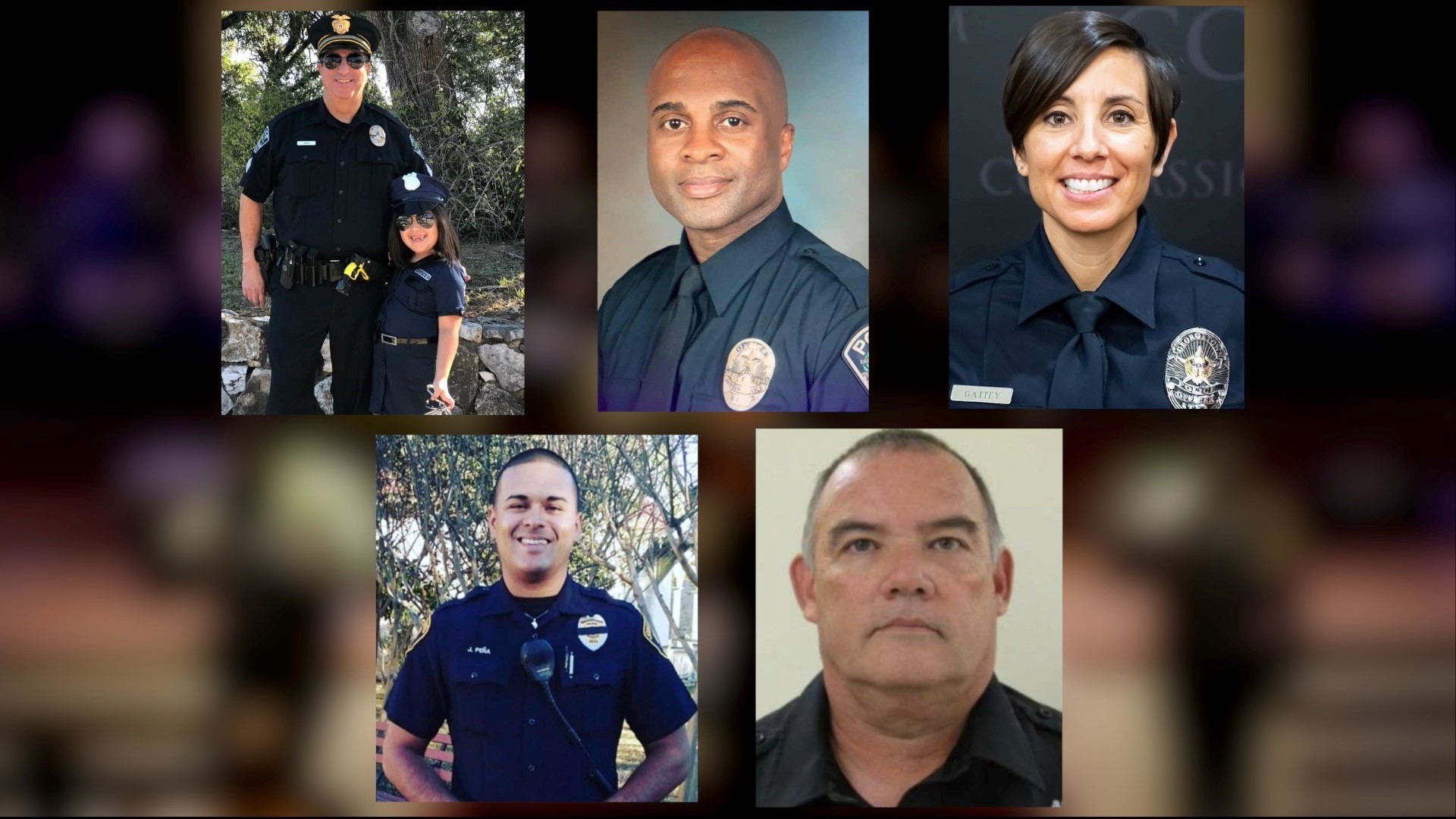 Clockwise from top: Senior Sgt. Steve Urias - Austin Police Department, Officer Randy Boyd - Austin Police Department, Officer Michelle Gattey- Georgetown Police Department, Officer Jay Pena - San Antonio Park Police, and Deputy Ronald Buttler -Bexar County Sheriff’s Office. (Spectrum News 1)